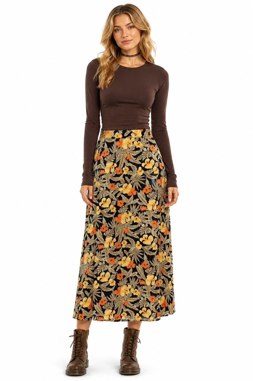 Vintage ‘90s Sag Harbor Orange, Yellow & Beige Tropical Floral Print Maxi Skirt